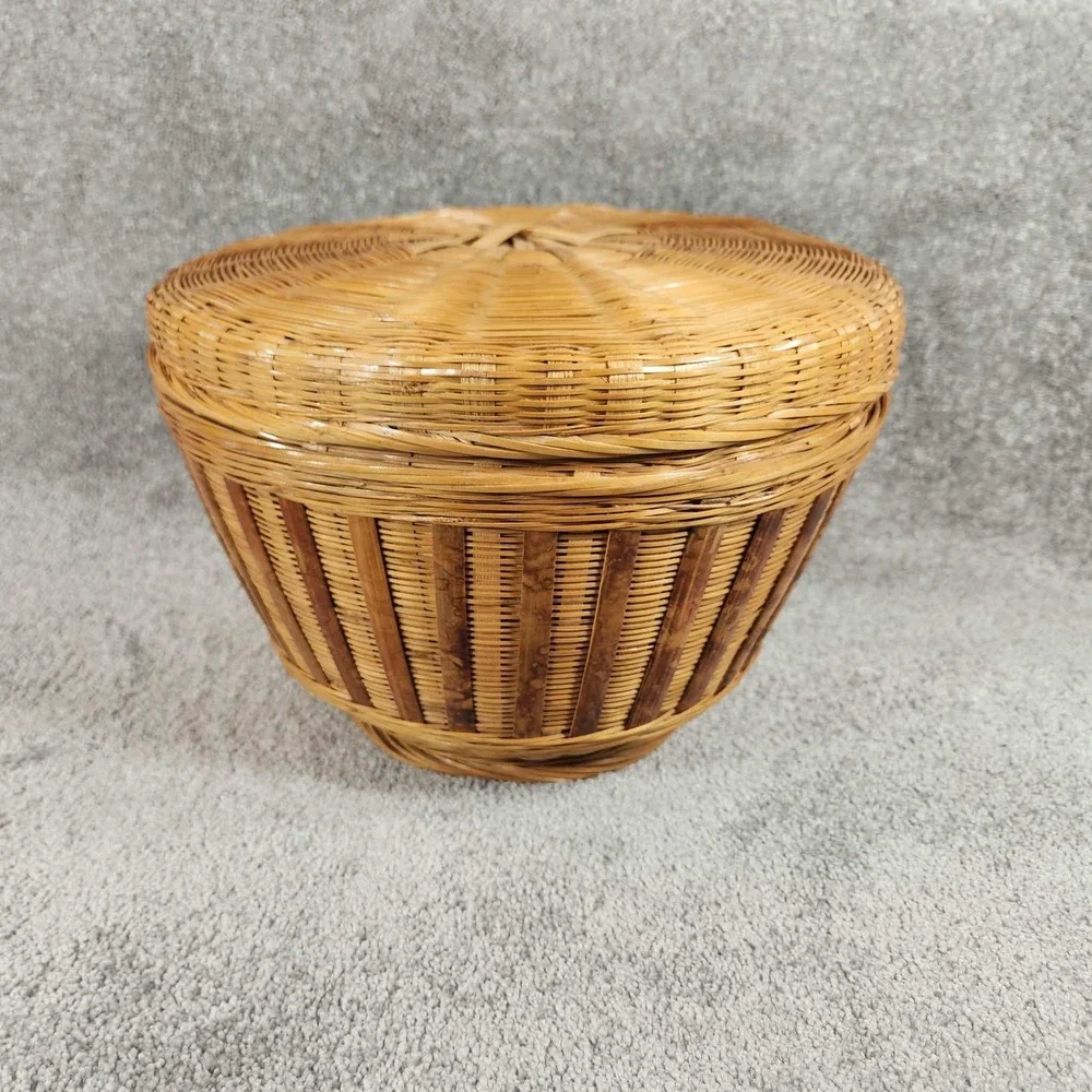 Woven Bamboo Basket Natural Tan Lidded Round Boho Storage Decor
